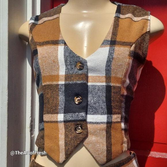 2 Piece Coffee Brown Plaid Cropped Trouser Pants & Vest Matching Set - Picture 5 of 16